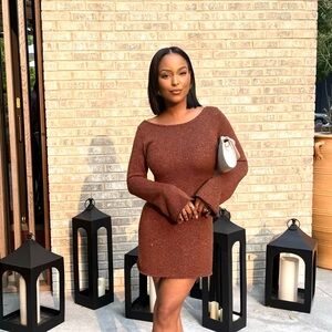 Elegant Chocolate Sequin Knit Dress - Revolve